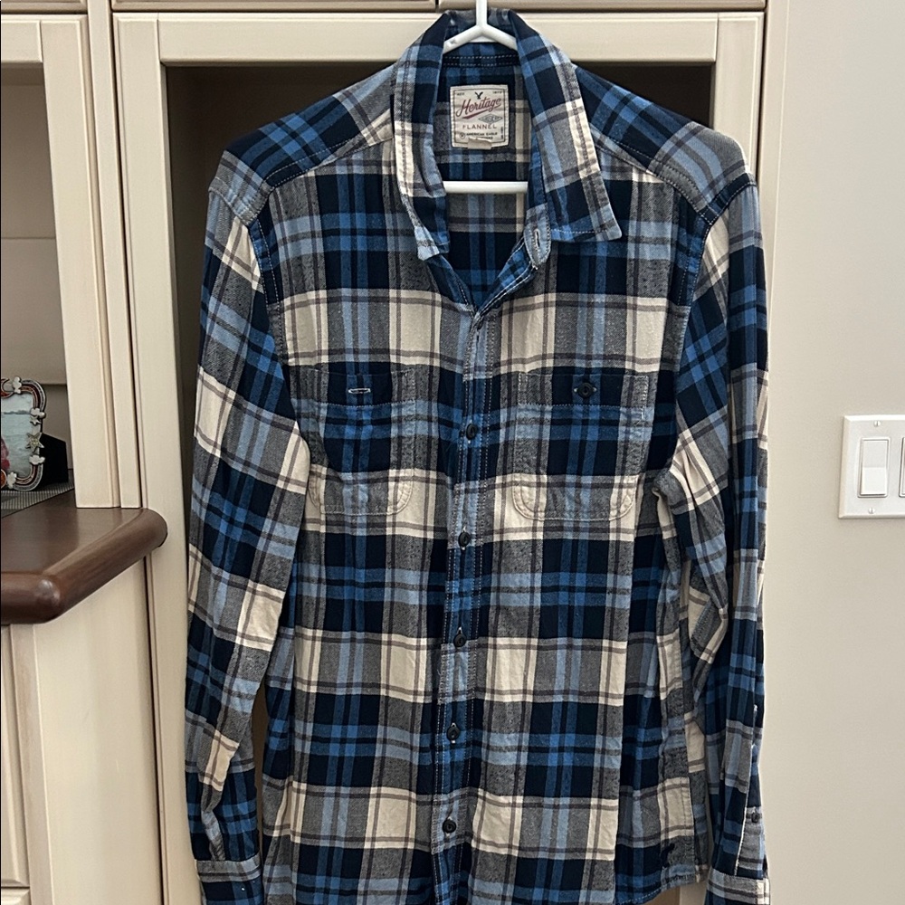 American Eagle Outfitters Blue and White Plaid Men's Shirt